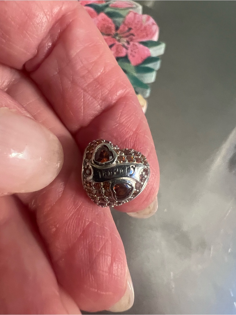 Sterling Silver January Heart Bead with Garnet Tone Stones